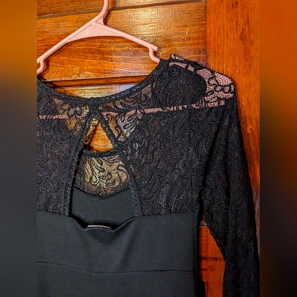 Free People Lace Bodycon Dress Size Small Sweetheart Keyhole 3/4 Sleeve Black